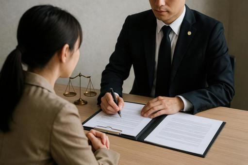 裁判所外で話す弁護士 裁判所外で話す弁護士の写真