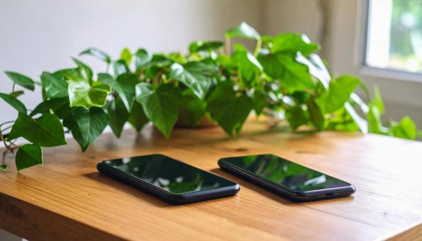 連絡交換のイメージ 机の上の携帯電話二台 連絡交換のイメージ 机の上の携帯電話二台の写真