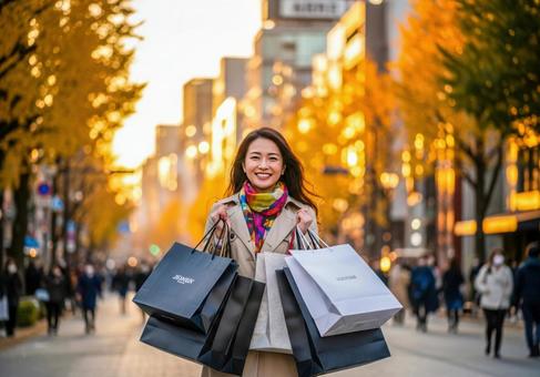 秋のセールシーズンを楽しむ都会的な女性 秋のセールシーズンを楽しむ都会的な女性の写真