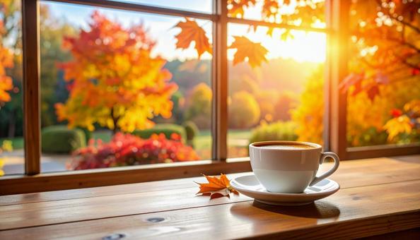 紅葉の見えるカフェ・窓際・コーヒー 紅葉の見えるカフェ・窓際・コーヒーの写真