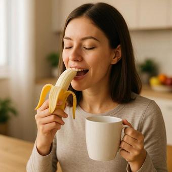 朝食にバナナを食べる女性の写真