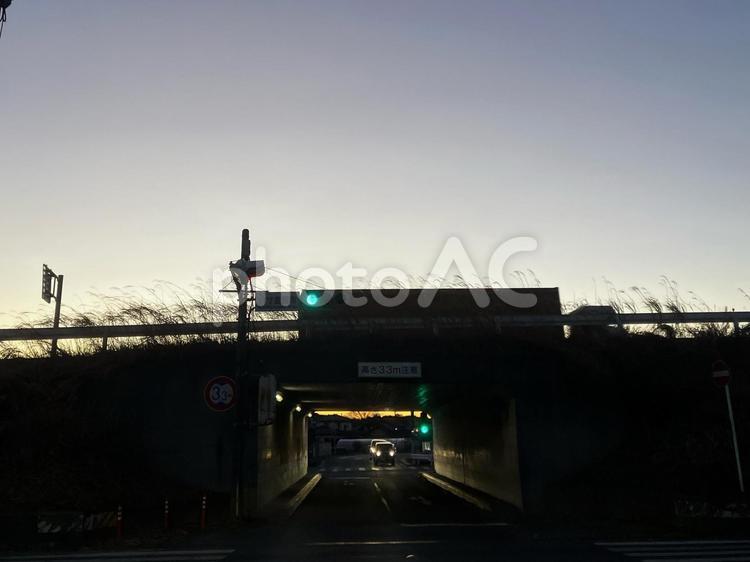 陸橋　青信号 陸橋,信号機,ススキの写真素材