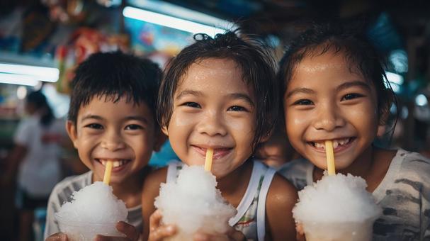 冷たいかき氷を楽しむ子供たち 冷たいかき氷を楽しむ子供たちの写真