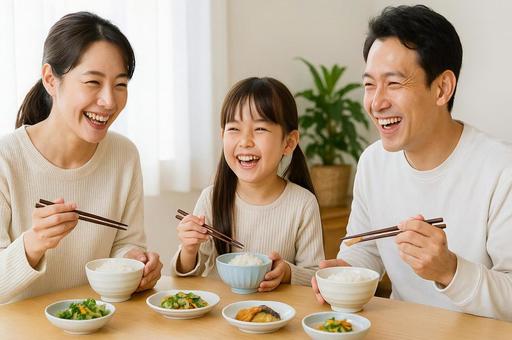 笑顔あふれる家族の食事・親子で朝ごはん 笑顔あふれる家族の食事・親子で朝ごはんの写真