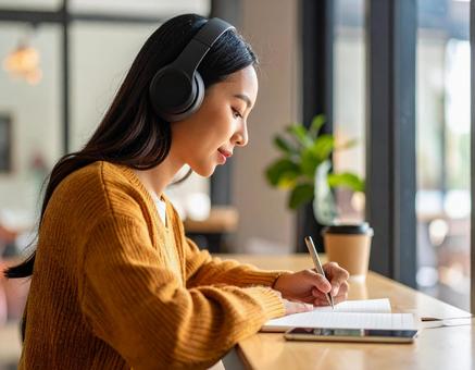 お気に入りの音楽を聴きながら勉強する女性 お気に入りの音楽を聴きながら勉強する女性の写真