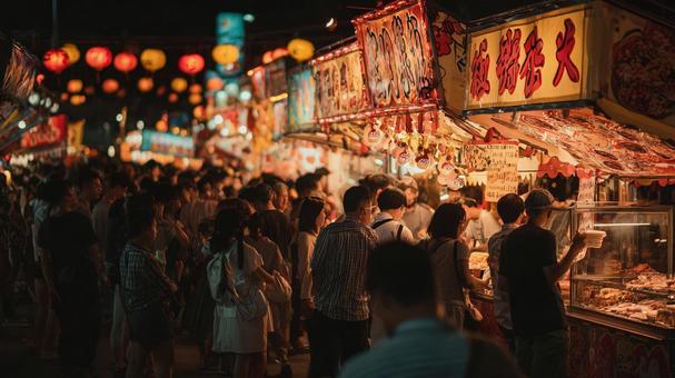 夜の縁日で賑わう屋台 夜の縁日で賑わう屋台の写真