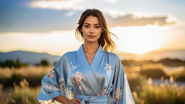 着物っぽい服を着た西洋人女性 着物っぽい服を着た西洋人女性の写真