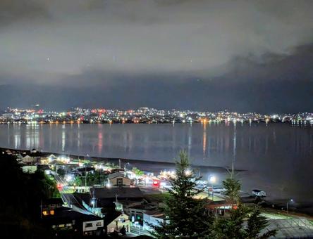 諏訪湖の夜景 諏訪湖,夜景,湖の写真素材