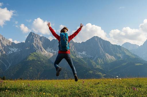 アルプス風の山岳でジャンプする女性の写真