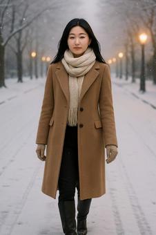 雪道を歩く女性の冬コーデ 雪道を歩く女性の冬コーデの写真