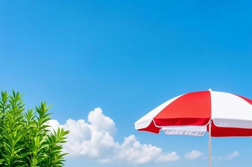 夏空とビーチパラソル・入道雲・熱中症対策 夏空とビーチパラソル・入道雲・熱中症対策の写真