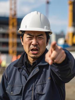怒っている男性の建設作業員 怒っている男性の建設作業員の写真