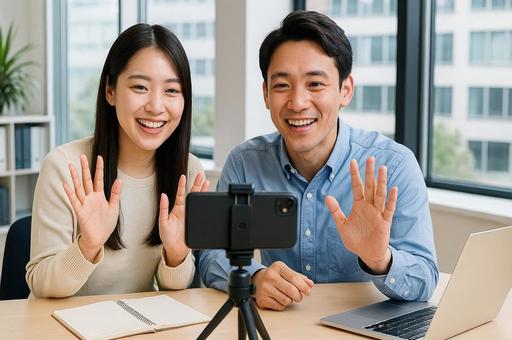 オフィスで仲良く動画撮影している男女 オフィスで仲良く動画撮影している男女の写真