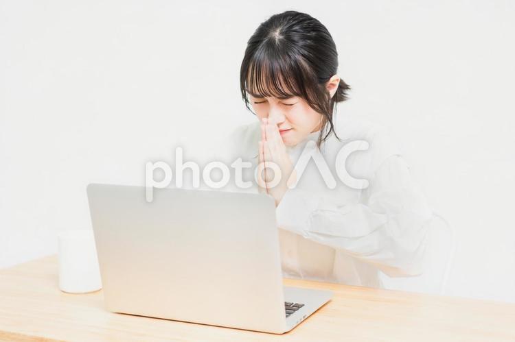 PCを使いながらお願いしている若い女性 パソコン,お願い,頼むの写真素材