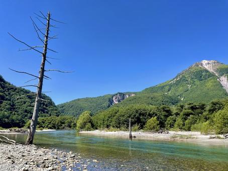 梓川と枯れ木、夏の焼岳 梓川,焼岳,上高地の写真素材