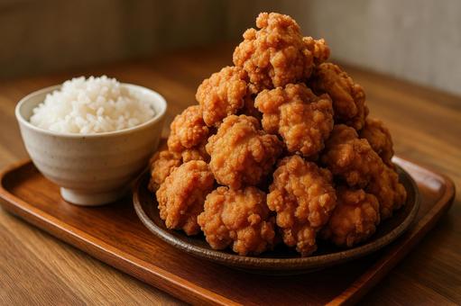 山盛りの唐揚げと白ご飯 山盛りの唐揚げと白ご飯の写真