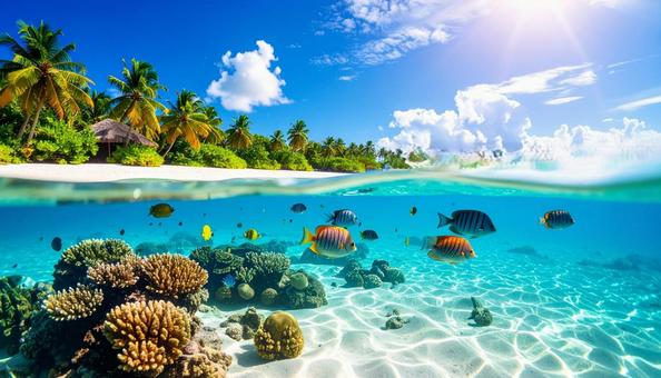 青い空、南国のビーチと水中の熱帯魚 青い空、南国のビーチと水中の熱帯魚の写真