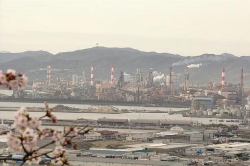 Port scenery with cherry blossoms and a steelworks, JPG Port scenery with cherry blossoms and a steelworks, JPG