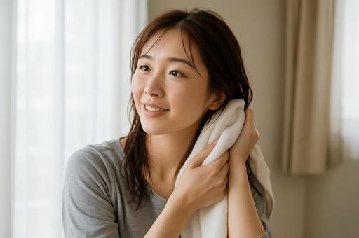 濡れた髪をタオルで拭く女性 濡れた髪をタオルで拭く女性の写真