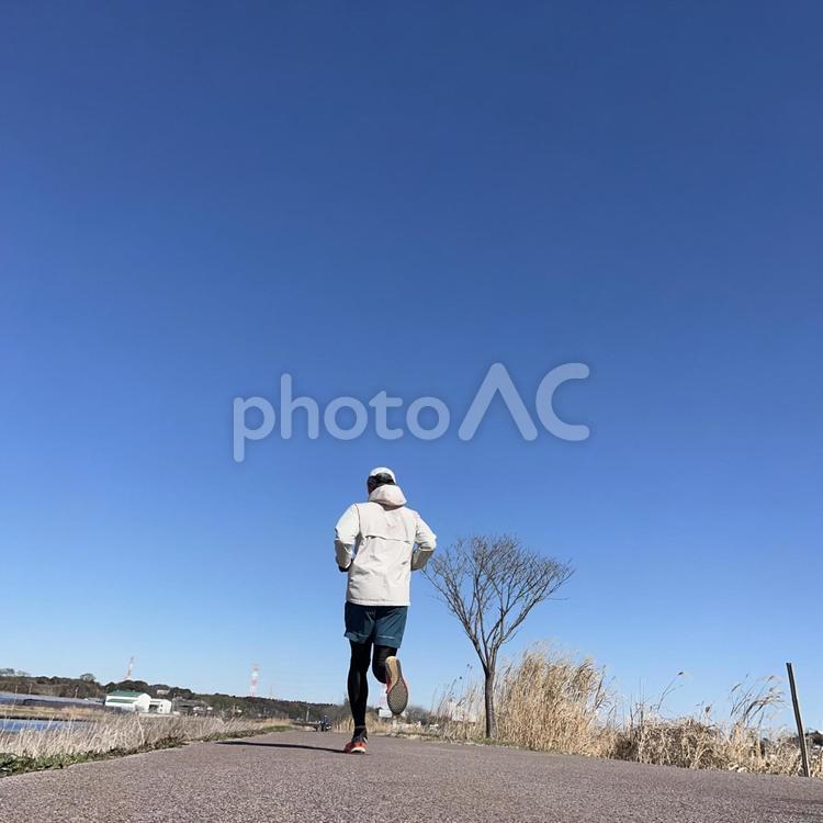 青空の下走る男性 男性,男,走るの写真素材