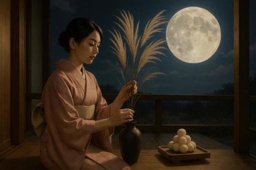 ススキを生ける若い女性と月明かり ススキを生ける若い女性と月明かりの写真