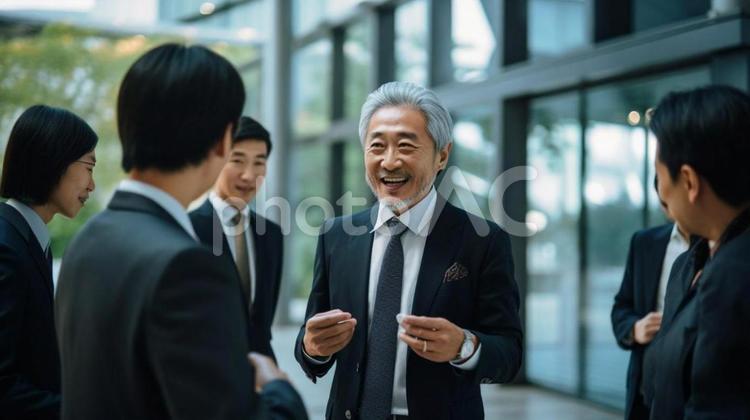 ビルの外で若いビジネスマンと談笑する男 ビジネスマン,アジア人,屋外の写真素材
