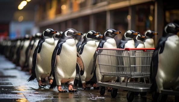 空のカートとペンギン 空のカートとペンギンの写真