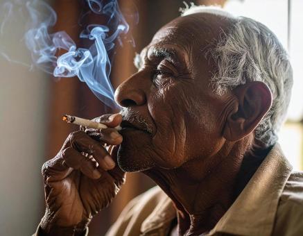 タバコを吸う高齢のインド系男性 タバコを吸う高齢のインド系男性の写真