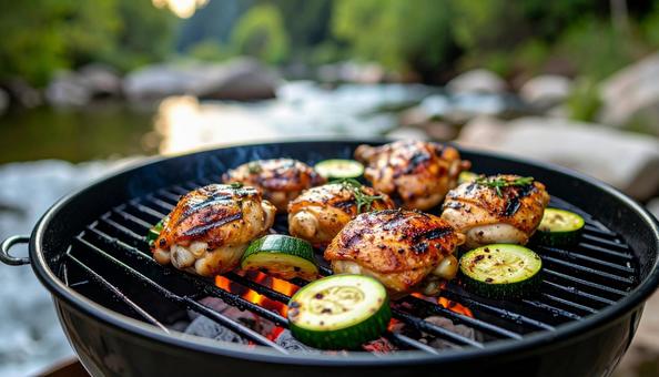 バーベキューで焼かれる鶏肉とズッキーニ バーベキューで焼かれる鶏肉とズッキーニの写真