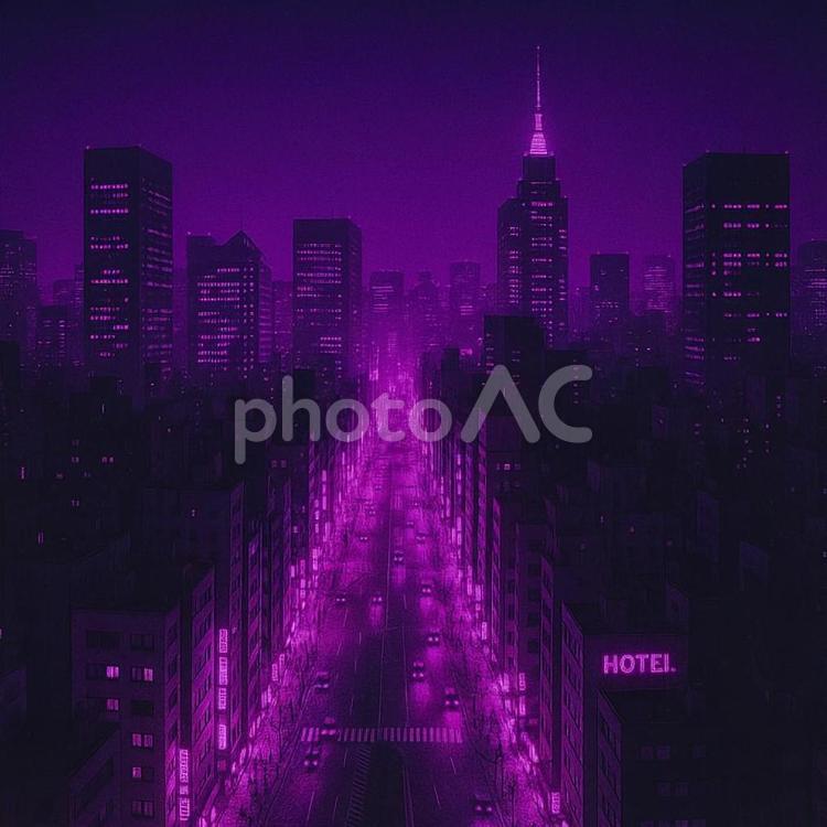 サイバーパンク・パープル sf風景,ネオンライト,都市デザインの写真素材