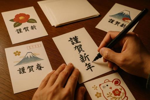 年賀状を書く家族の姿 年賀状を書く家族の姿の写真