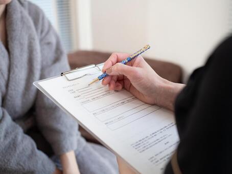 Female beautician counseling esthetics Female beautician counseling esthetics