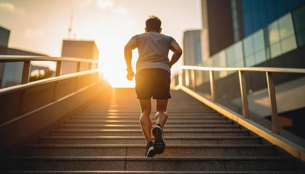階段を駆け上がる日本人の男性ランナー 階段を駆け上がる日本人の男性ランナーの写真