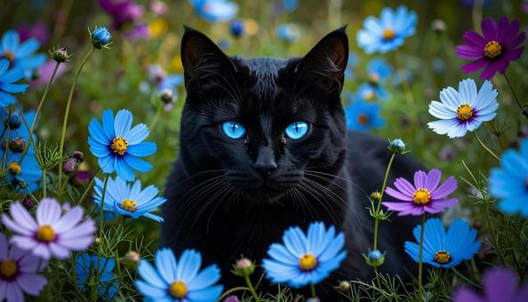 黒猫とコスモス 黒猫とコスモスの写真