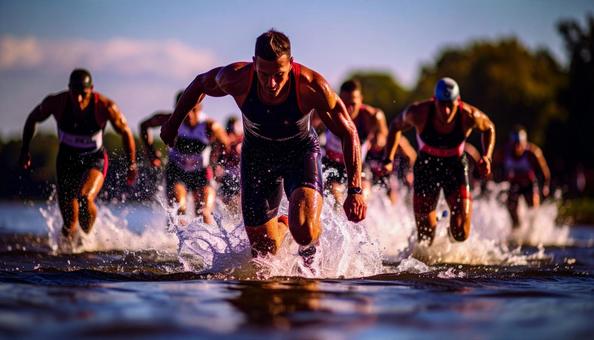 トライアスロン 一斉に水に飛び込む選手 トライアスロン 一斉に水に飛び込む選手の写真