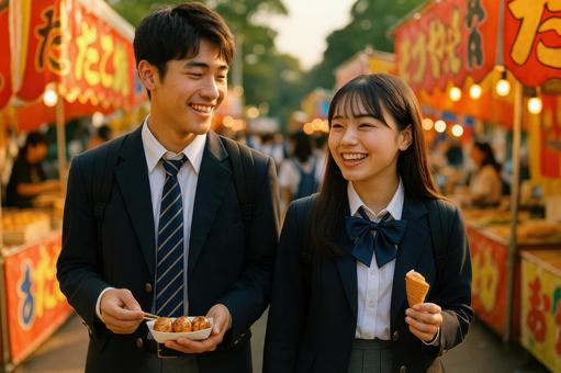 模擬店を回る高校生カップル 模擬店を回る高校生カップルの写真