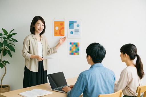 生徒たちに作品を前にアドバイスしている 生徒たちに作品を前にアドバイスしているの写真