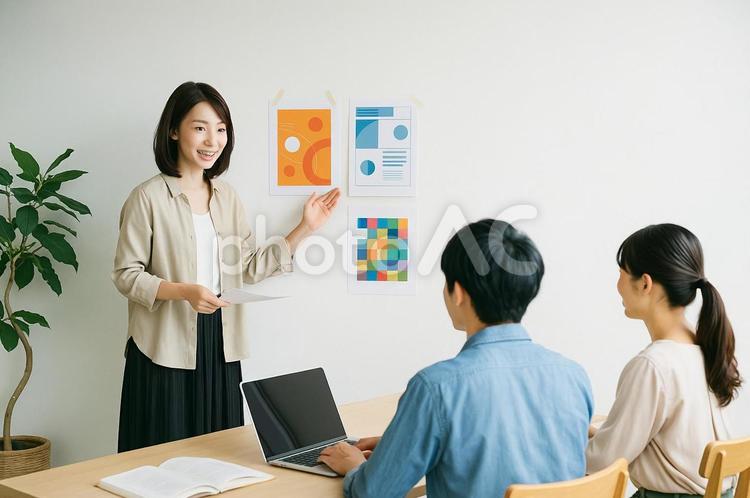 生徒たちに作品を前にアドバイスしている 女性,ビジネス,パソコンの写真素材