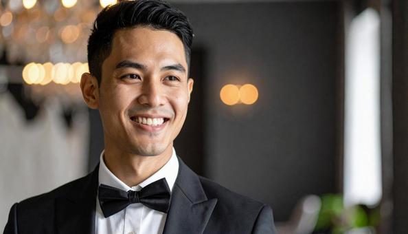 結婚式で笑顔の新郎 結婚式で笑顔の新郎の写真