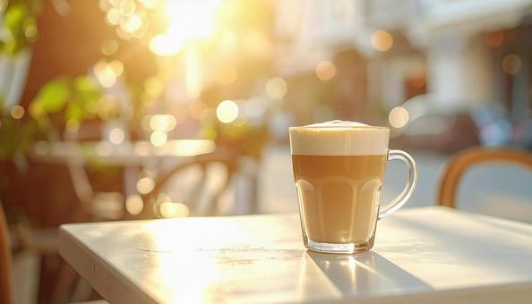 カフェテラスのテーブルのカフェラテ カフェテラスのテーブルのカフェラテの写真