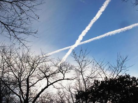 クロスする飛行機雲 クロスする飛行機雲の写真
