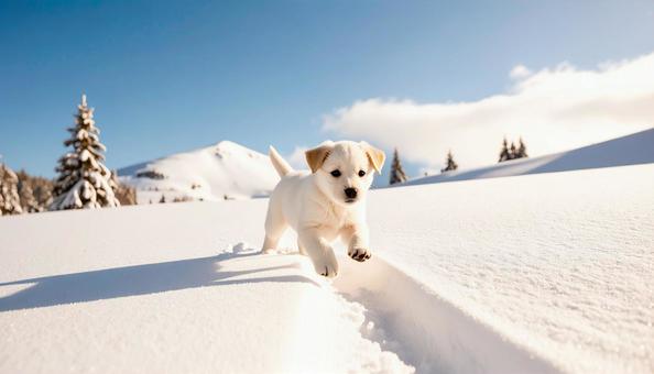 雪野原を走る子犬 雪野原を走る子犬の写真