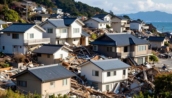 大地震の後、倒れている住宅 大地震の後、倒れている住宅の写真