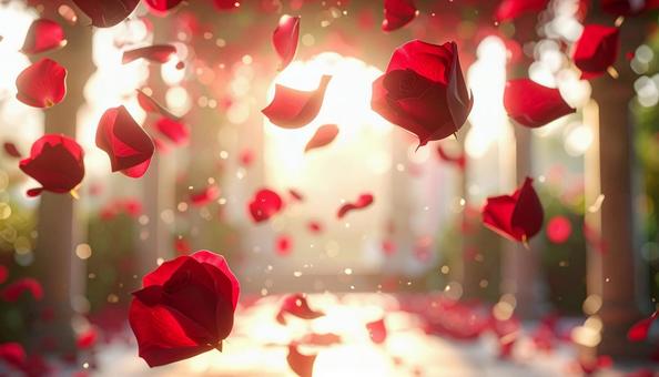 光に舞う赤い薔薇の花びら 光に舞う赤い薔薇の花びらの写真