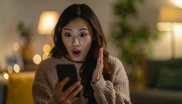 携帯電話を見て驚いている女性 携帯電話を見て驚いている女性の写真
