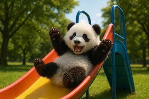 公園の滑り台で遊ぶパンダ 公園の滑り台で遊ぶパンダの写真