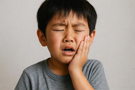 歯痛で頬をさする男の子 歯痛で頬をさする男の子の写真