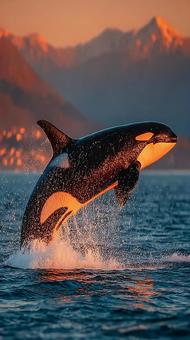 美しい夕暮れの海とシャチの写真