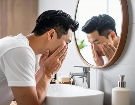 顔を洗う男性 顔を洗う男性の写真