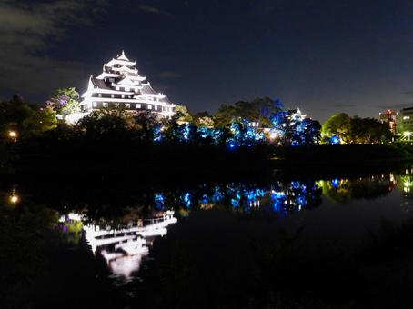 水面に鏡写しになるライトアップした岡山城 水面に鏡写しになるライトアップした岡山城 岡山城,ライトアップ,夜の写真素材
